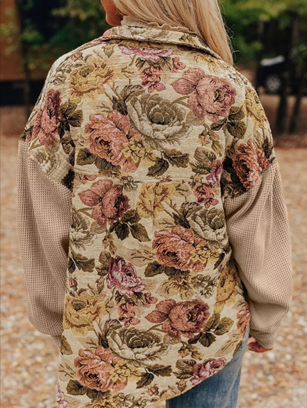 Floral Waffle Knit Patchwork Chest Pockets Buttoned Jacket - Picture 3 of 13